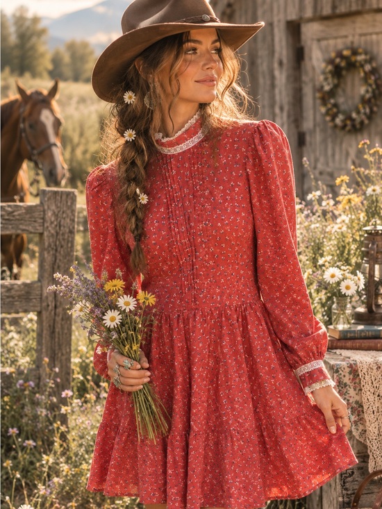 Ooak Dresses & Skirts - Handmade Vintage-Inspired Red Floral Long-Sleeve Mini Dress
